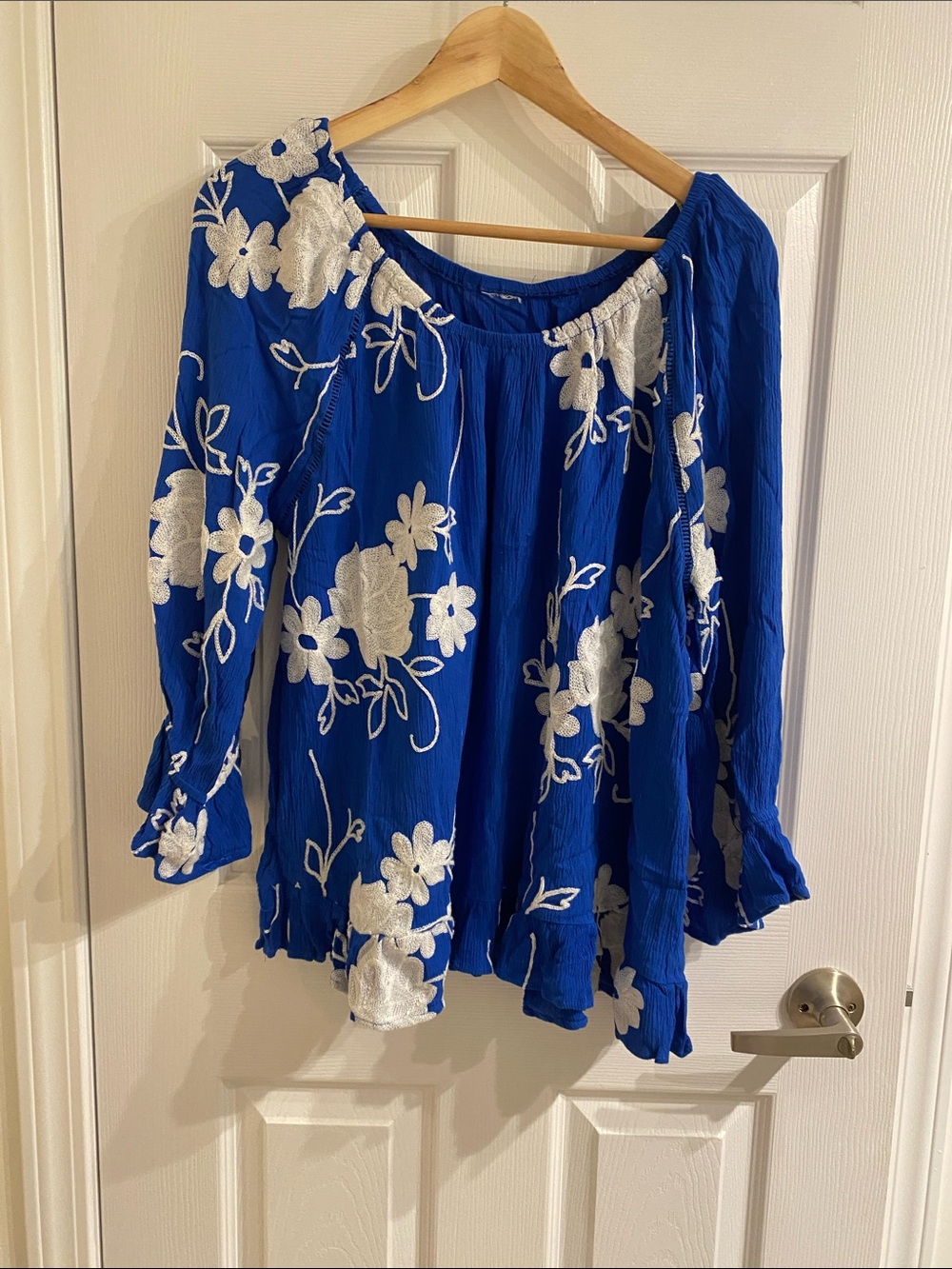 Women’s Bright Blue Summer blouse embroidery detail size 16-18 ruffle hem